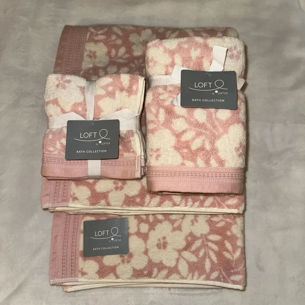 LOFT Home Bath Collection Set Light Pink and Cream Floral Pattern 8 Pieces NWT